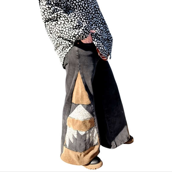 Upcycled Old Navy Black and Brown Flare Wide Jeans Lowrise Western - Picture 3 of 9